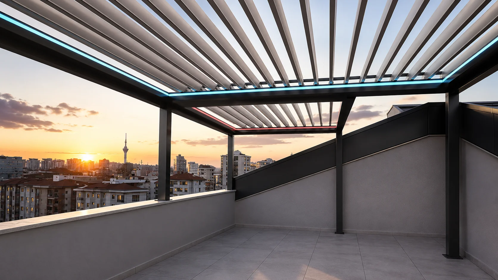 Göztepe'de Konut Terasına Çift Açılır Bioklimatik Pergola Uygulaması