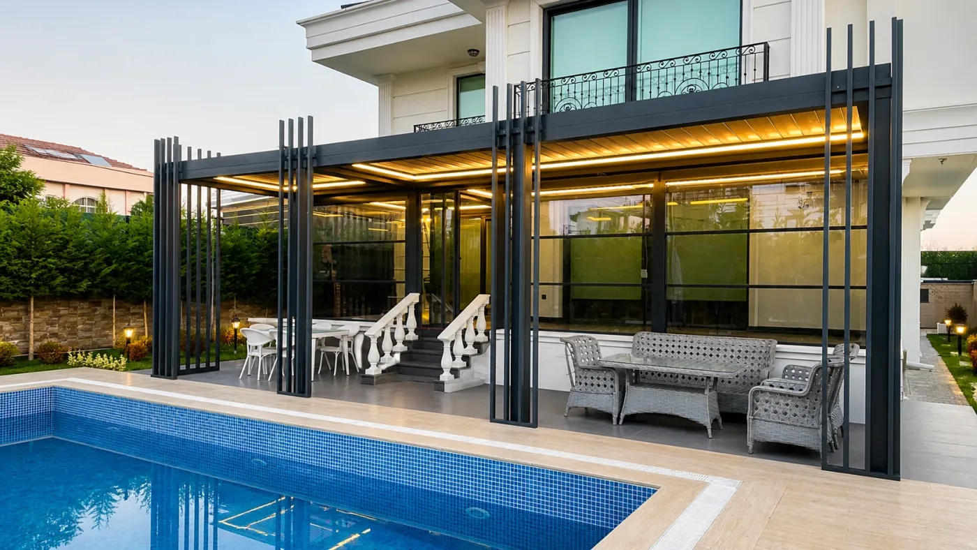 Büyükçekmece'de Manzaralı Teras — Tek Hareketli Bioklimatik Pergola ve Giyotin Cam Uygulaması